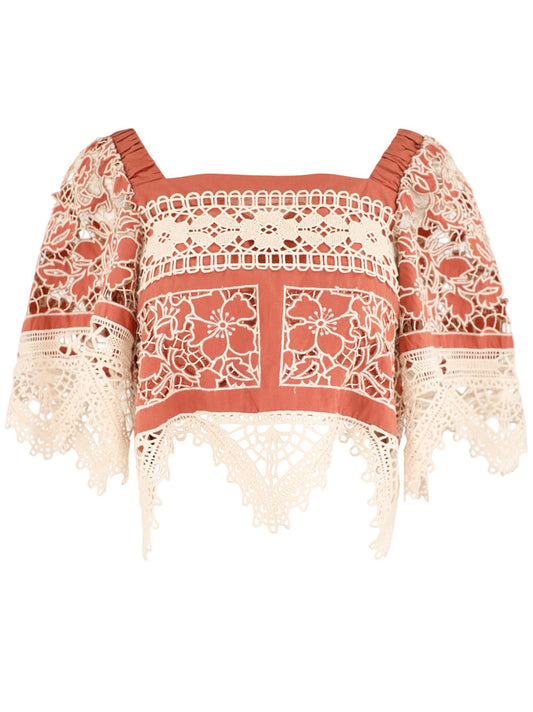 Sea Joah Embroidery Short Sleeve Top in Brick