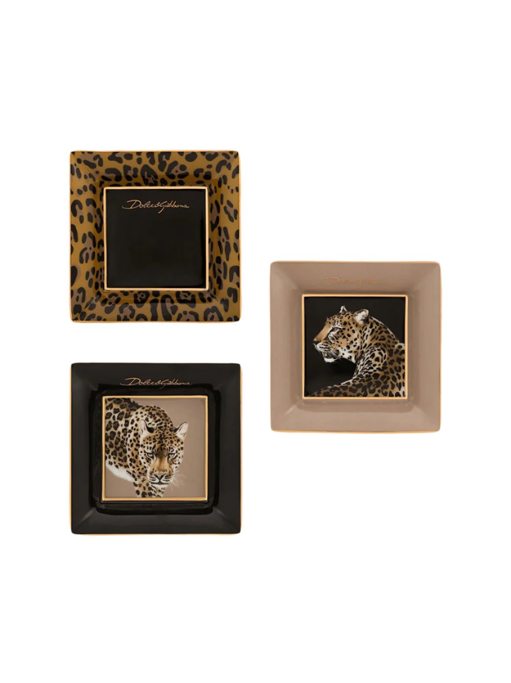 Dolce & Gabbana Casa Set of 3 Porcelain Trinket Trays in Leopard