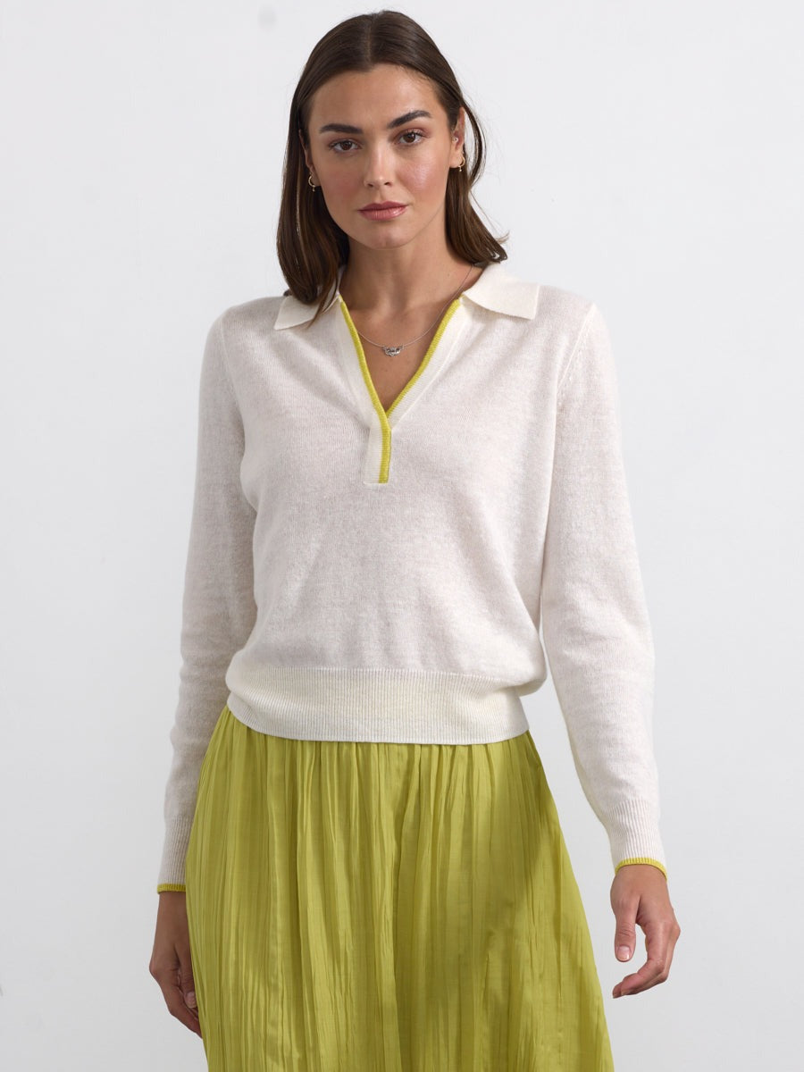Margaret O'Leary Cashmere-Linen Polo Sweater in Meringue/Banana