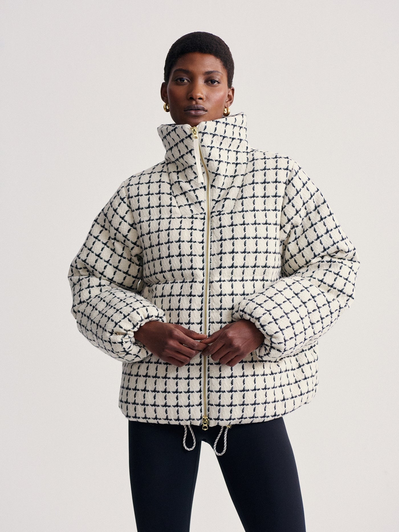 Varley Eugene Check Short Puffer in Egret Mono Check