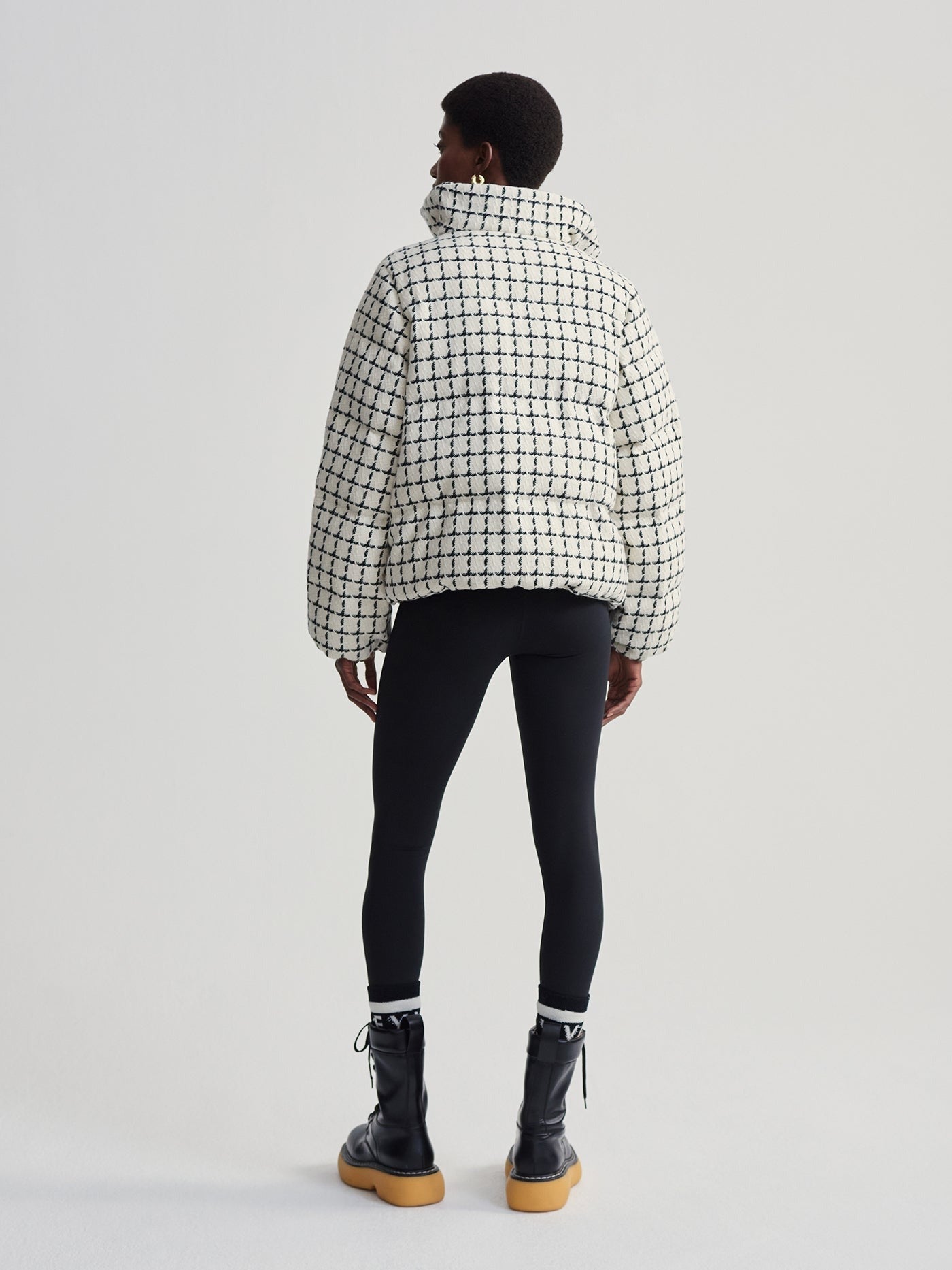 Varley Eugene Check Short Puffer in Egret Mono Check