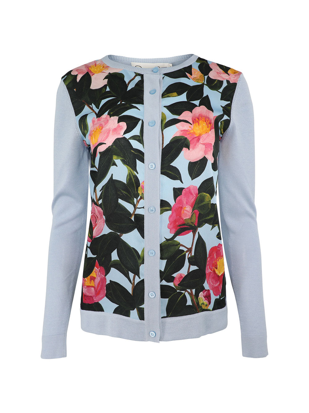 Oscar de la Renta Camellia Print Cardigan in Pink/Pale Blue