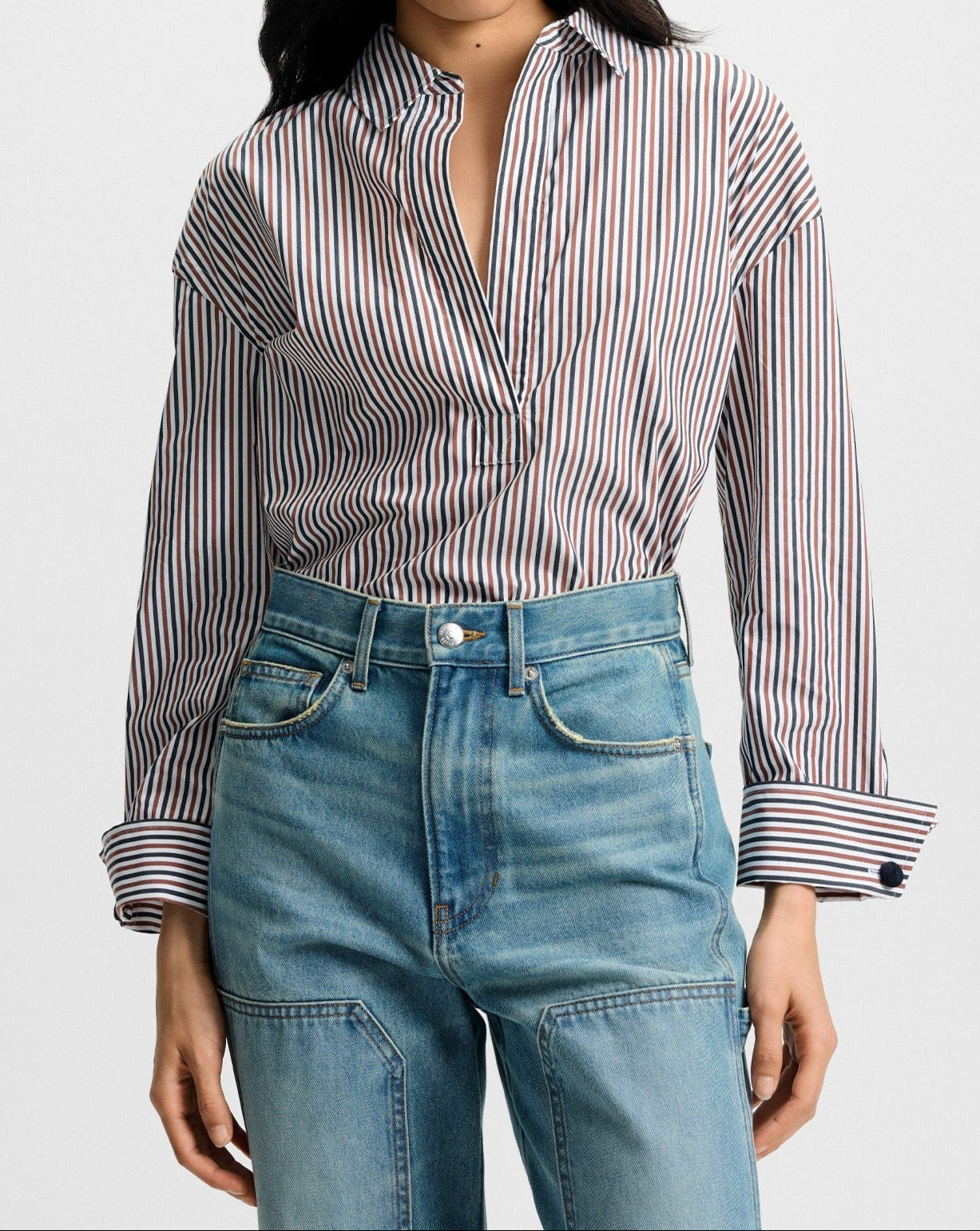 Veronica BeardDraymond Striped Cuff-Sleeve Shirt in Navy/Brandy Multi