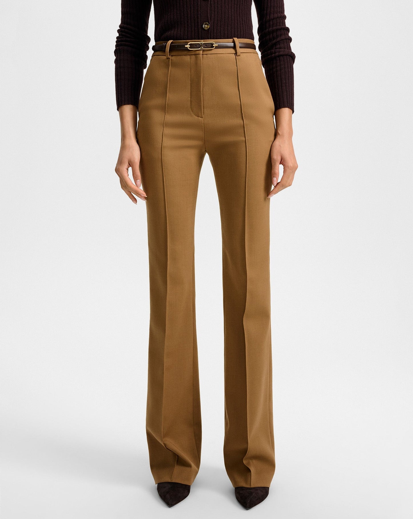 Veronica Beard Gracie Belted Flare Pant in Dark Acorn