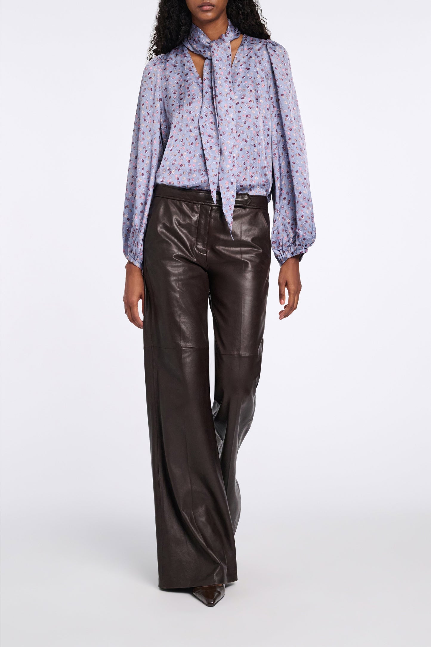 Dorothee Schumacher Printed Blouse in Hammered Satin in Baby Blossom Blue