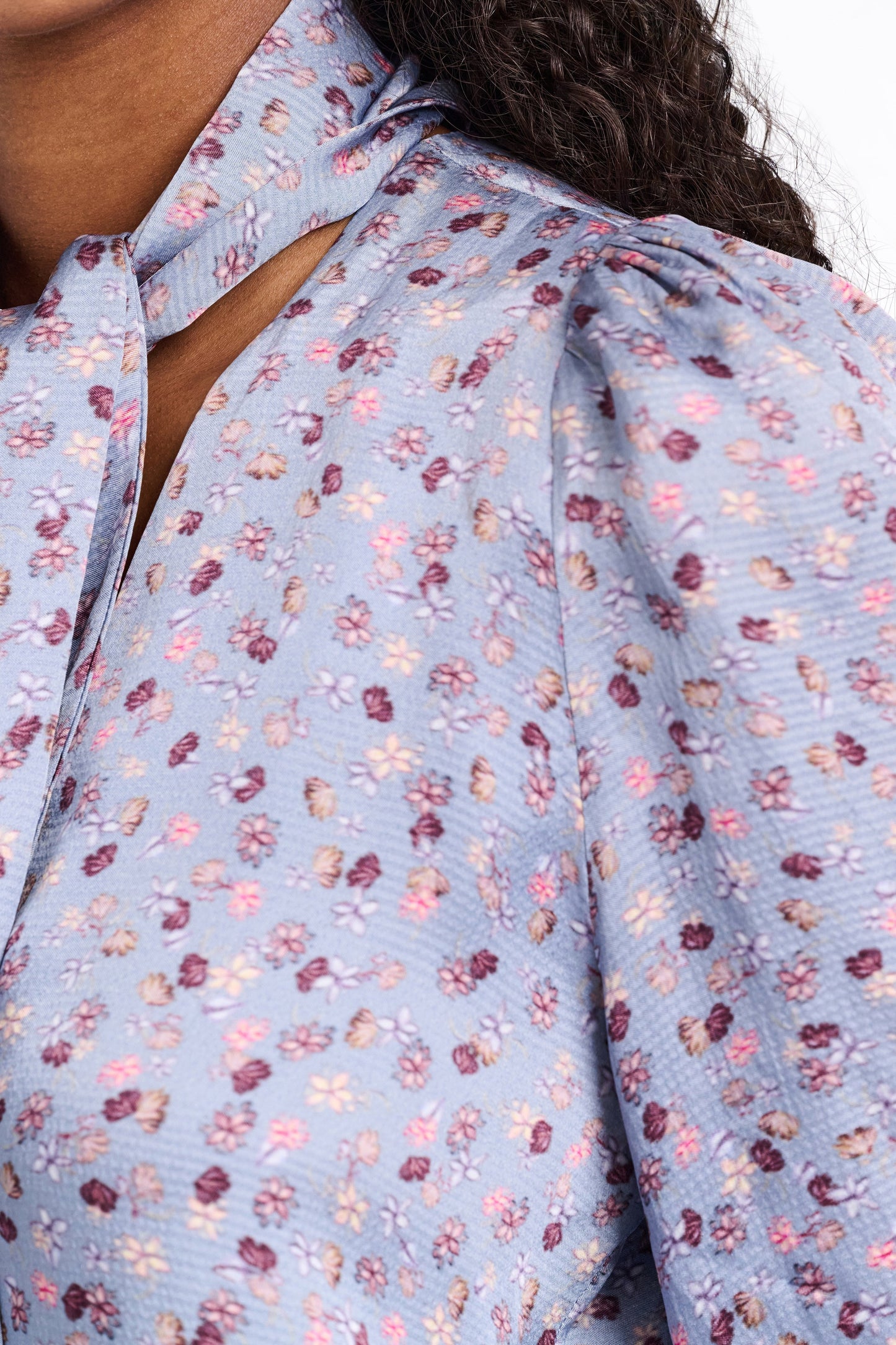 Dorothee Schumacher Printed Blouse in Hammered Satin in Baby Blossom Blue