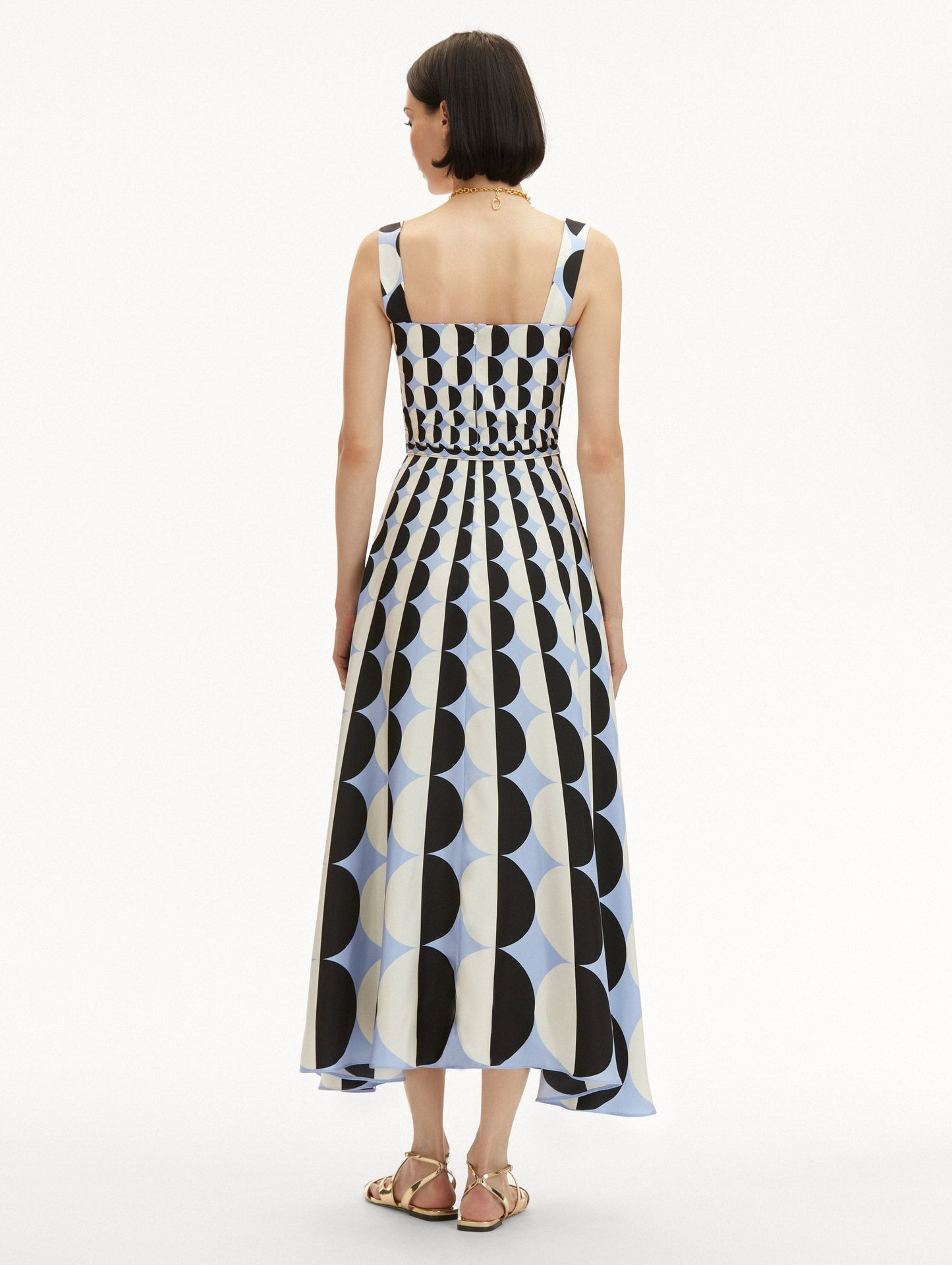 Oscar de la Renta Sleeveless Square Neck Geo Twill in Black/Blue