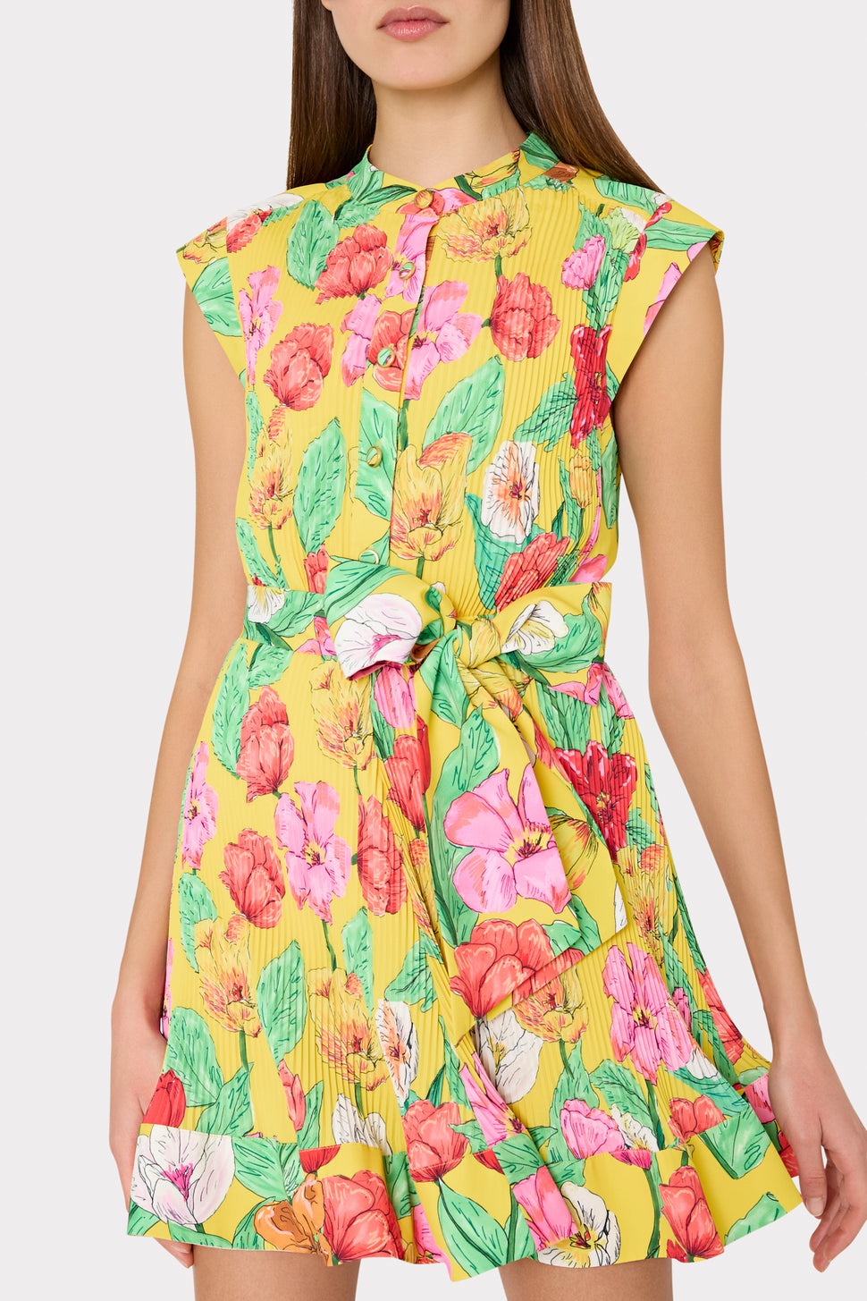 Milly Joan Tulip Rosette Pleated Dress in Yellow Multi