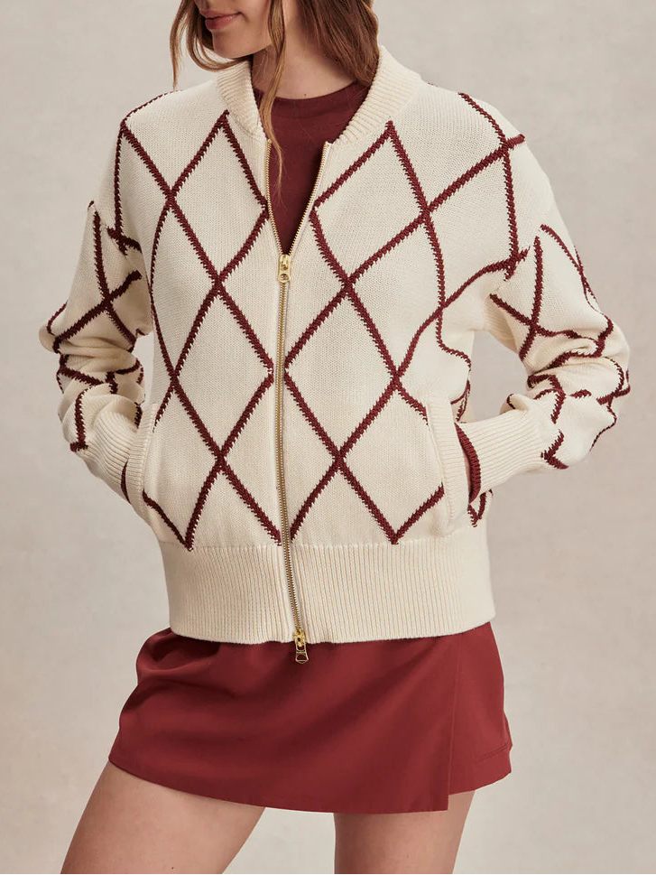 Varley Nile Diamond Knit Jacket in Ivory/Port