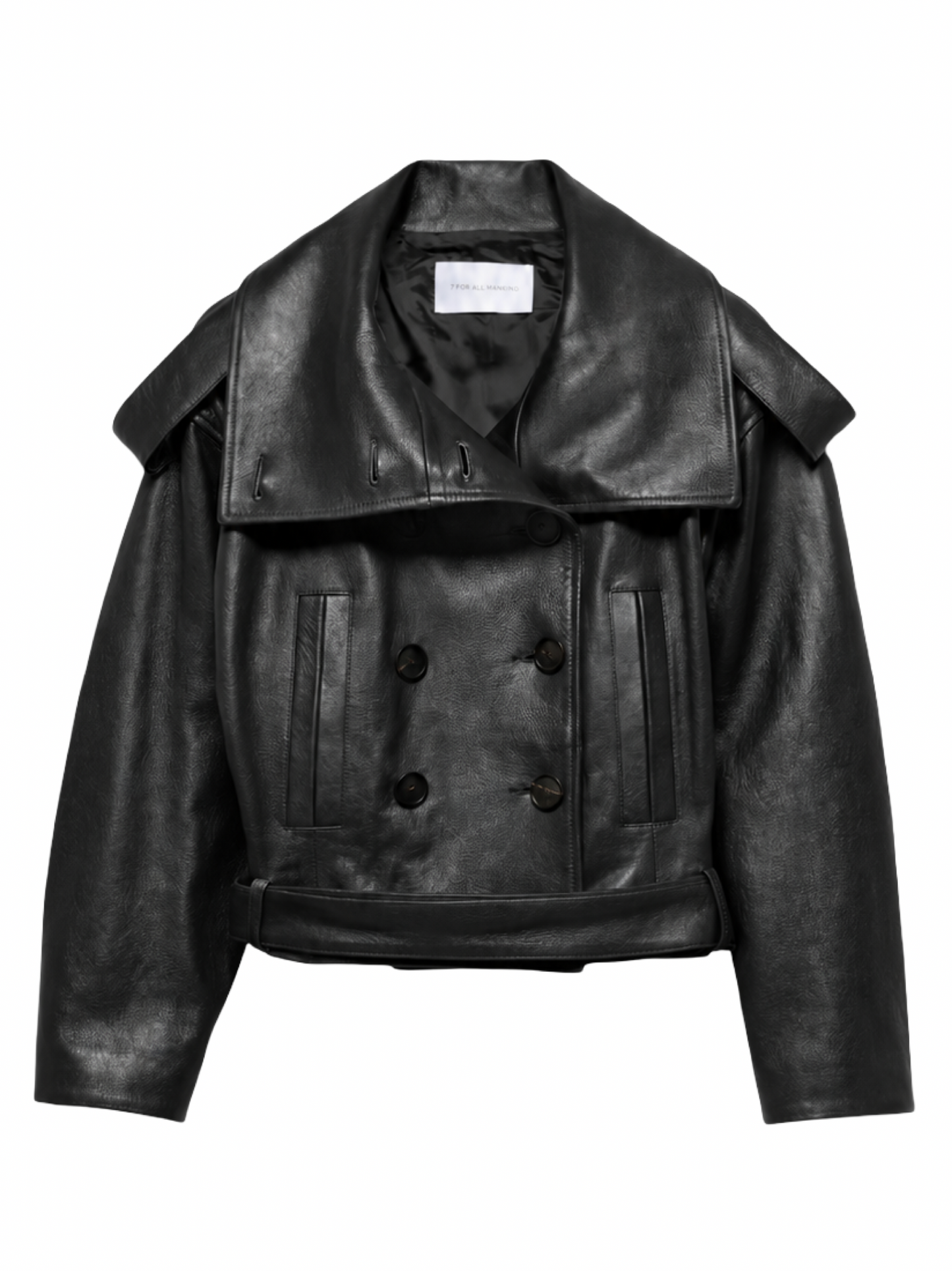7 For All Mankind Runway Double Breasted High Neck Short Jacket in Black Leather