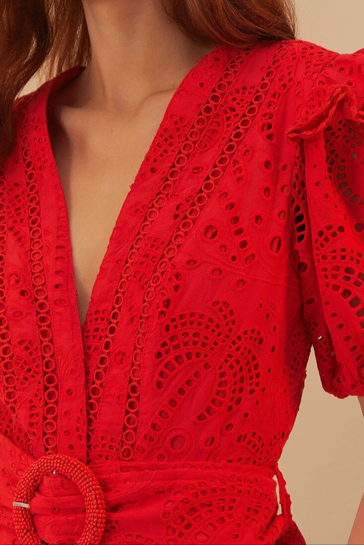 Farm Rio Eyelet Beaded Belt Romper in Red