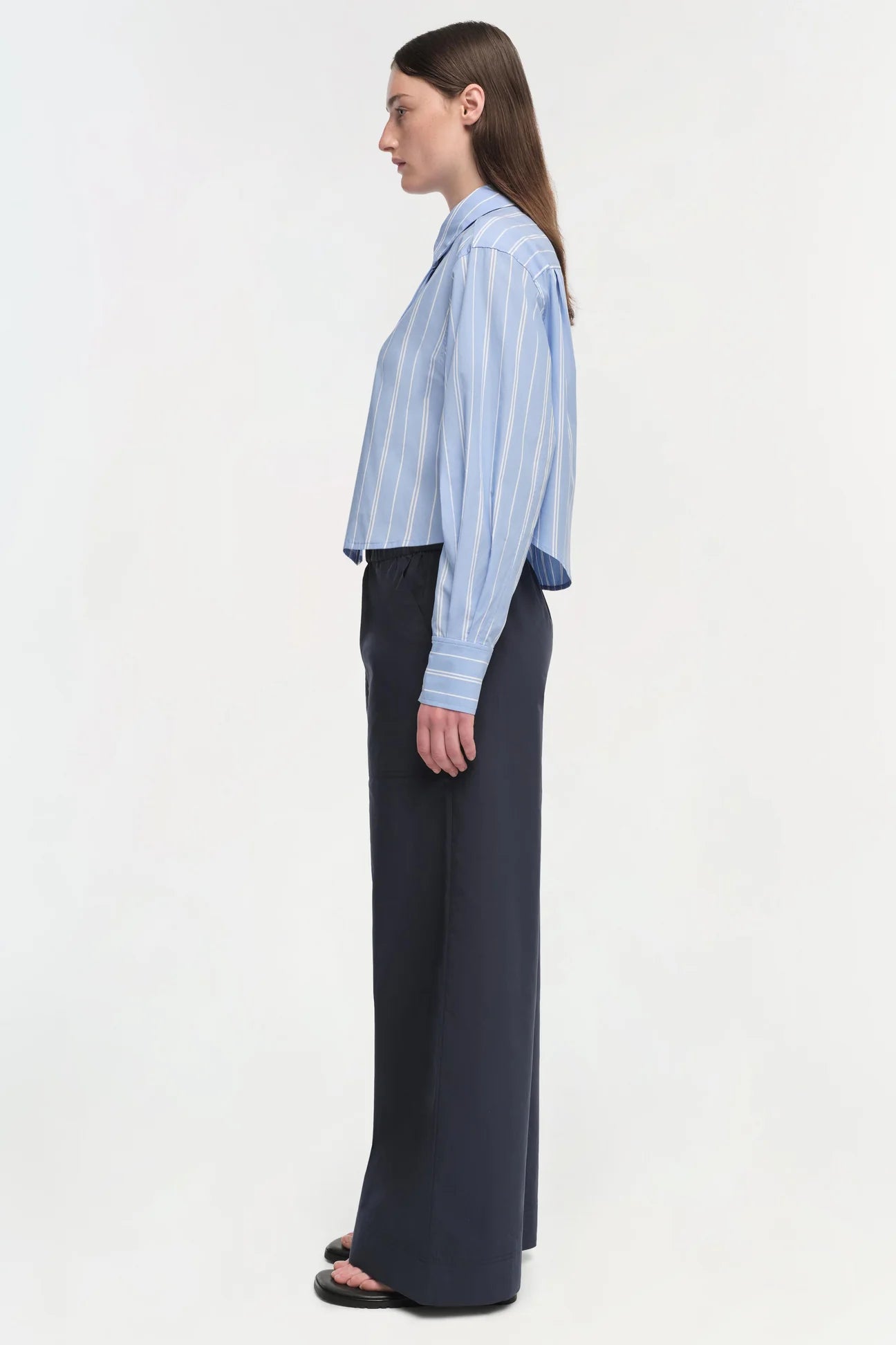 Simkhai Renata Cropped Button Down Shirt Wide Oxford Blue Stripe