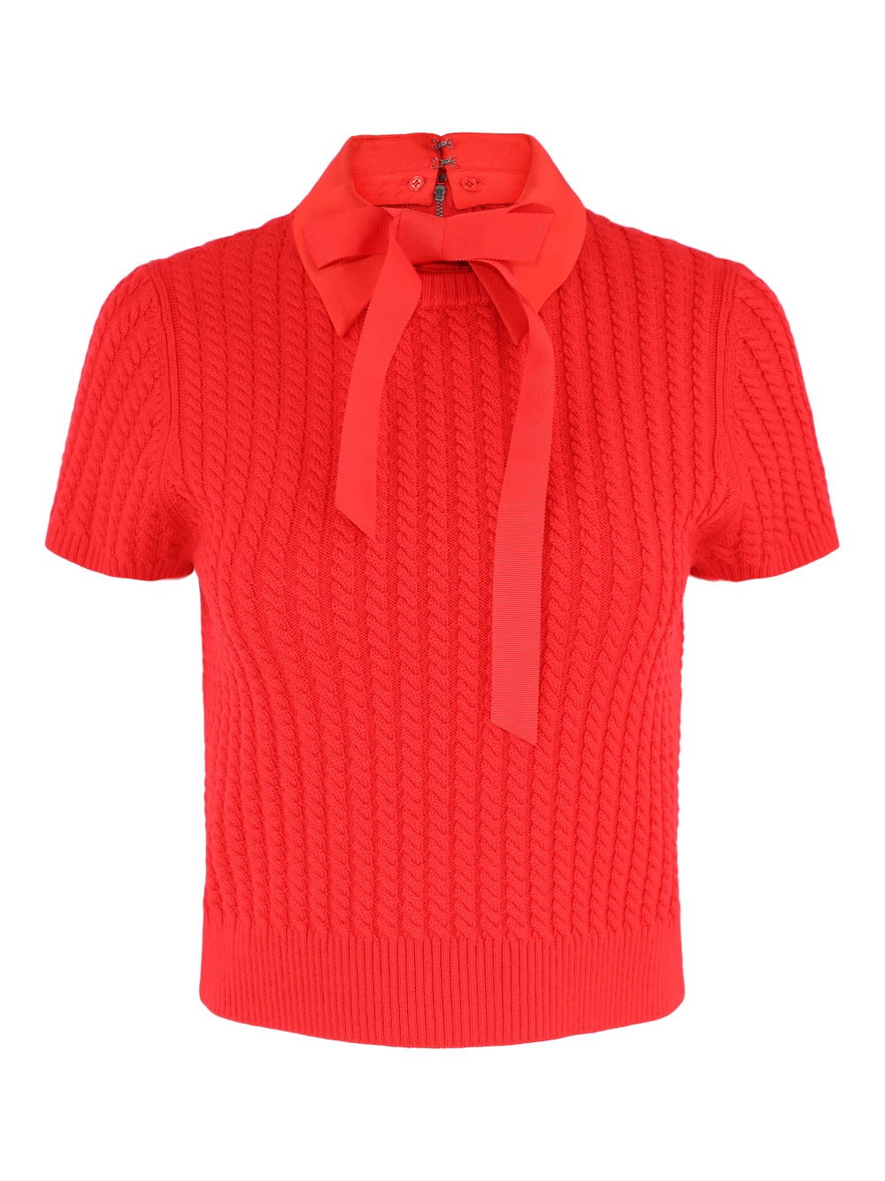 Alice + Olivia Abbott Short Sleeve Pullover with Woven Collar in Bright Ruby