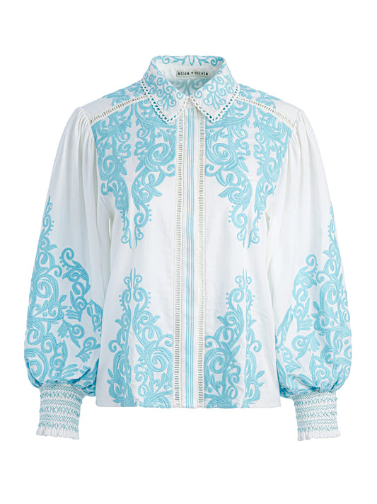 Alice + Olivia Loryn Embroidered Button Down Bouse in Off White/Spring Sky