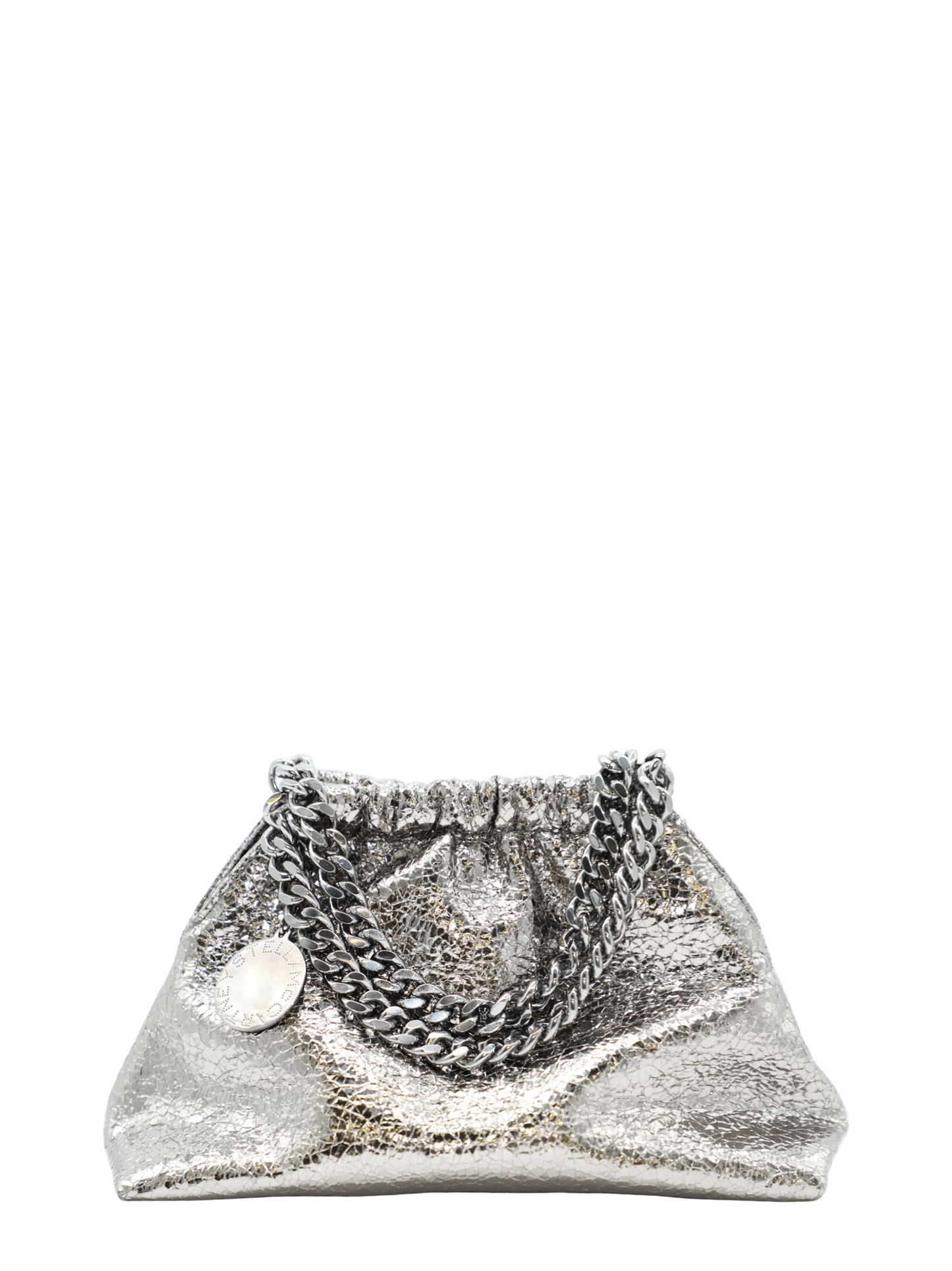 Stella McCartney Falabella Cracked Metallic Drawstring Crossbody Bag in Steel Grey