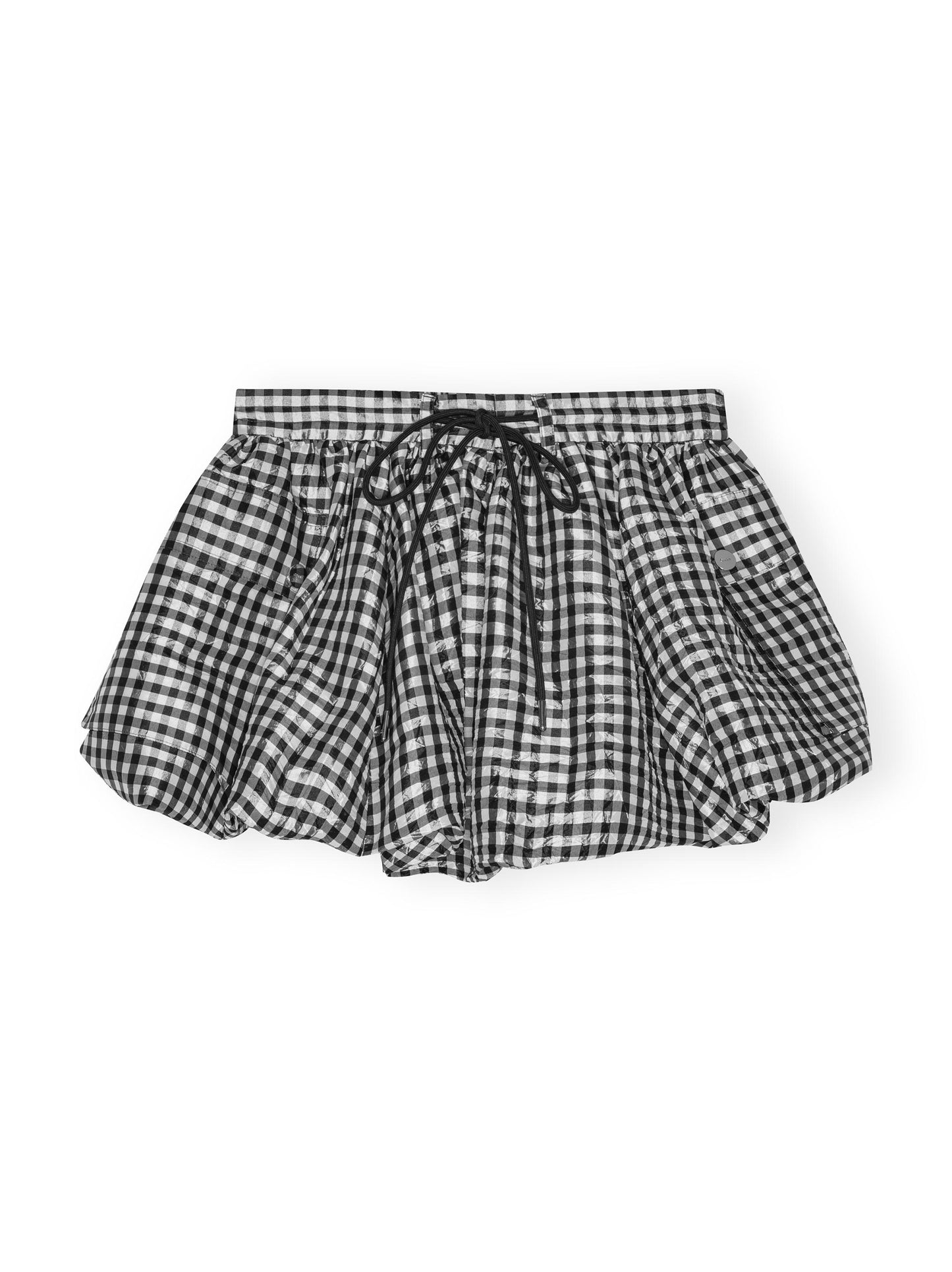 Ganni Crinkled Taffeta Check Mini Bubble Skirt in Black