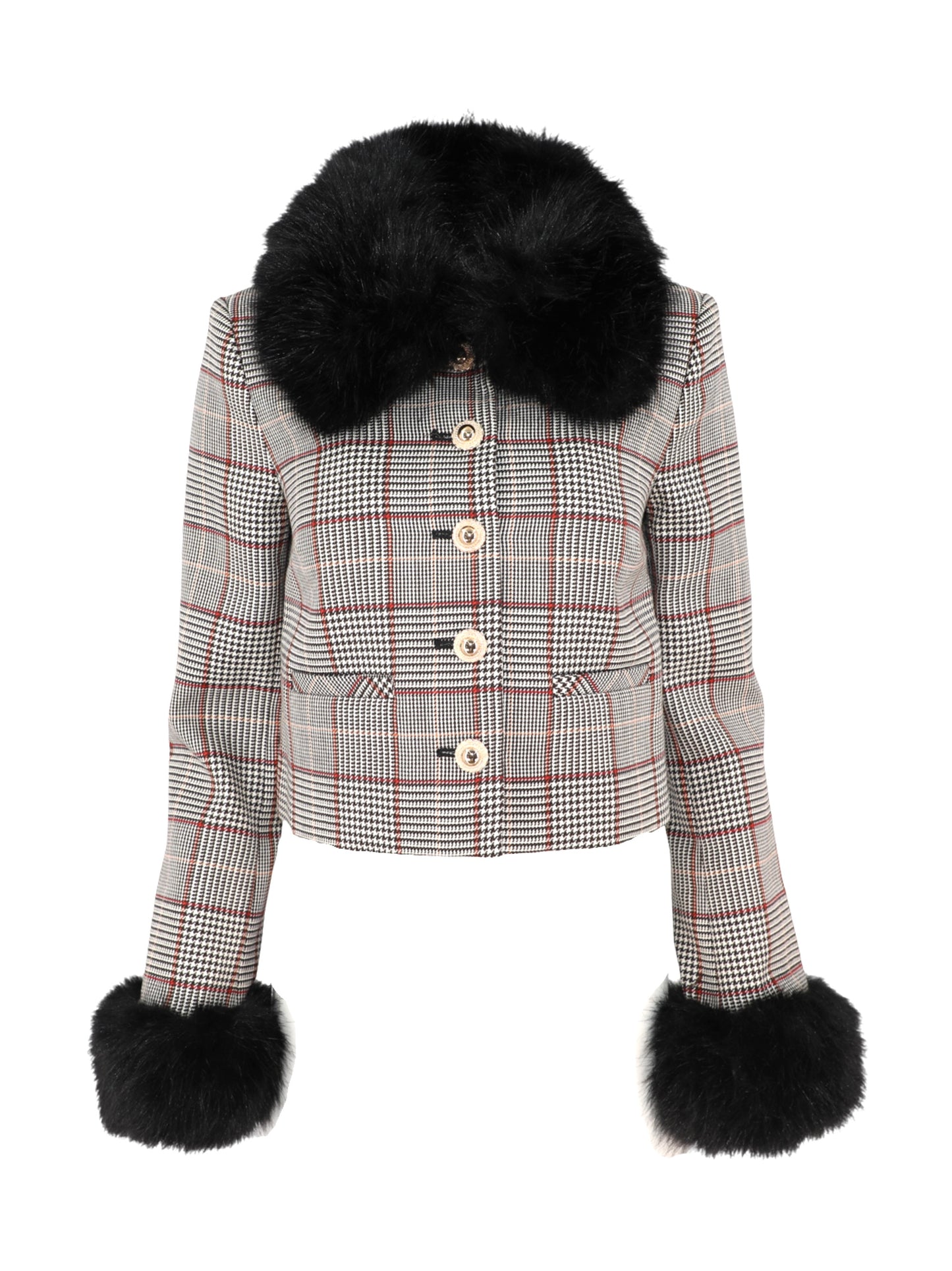 Self-Portrait Brown Check Fur Cuff Jacket