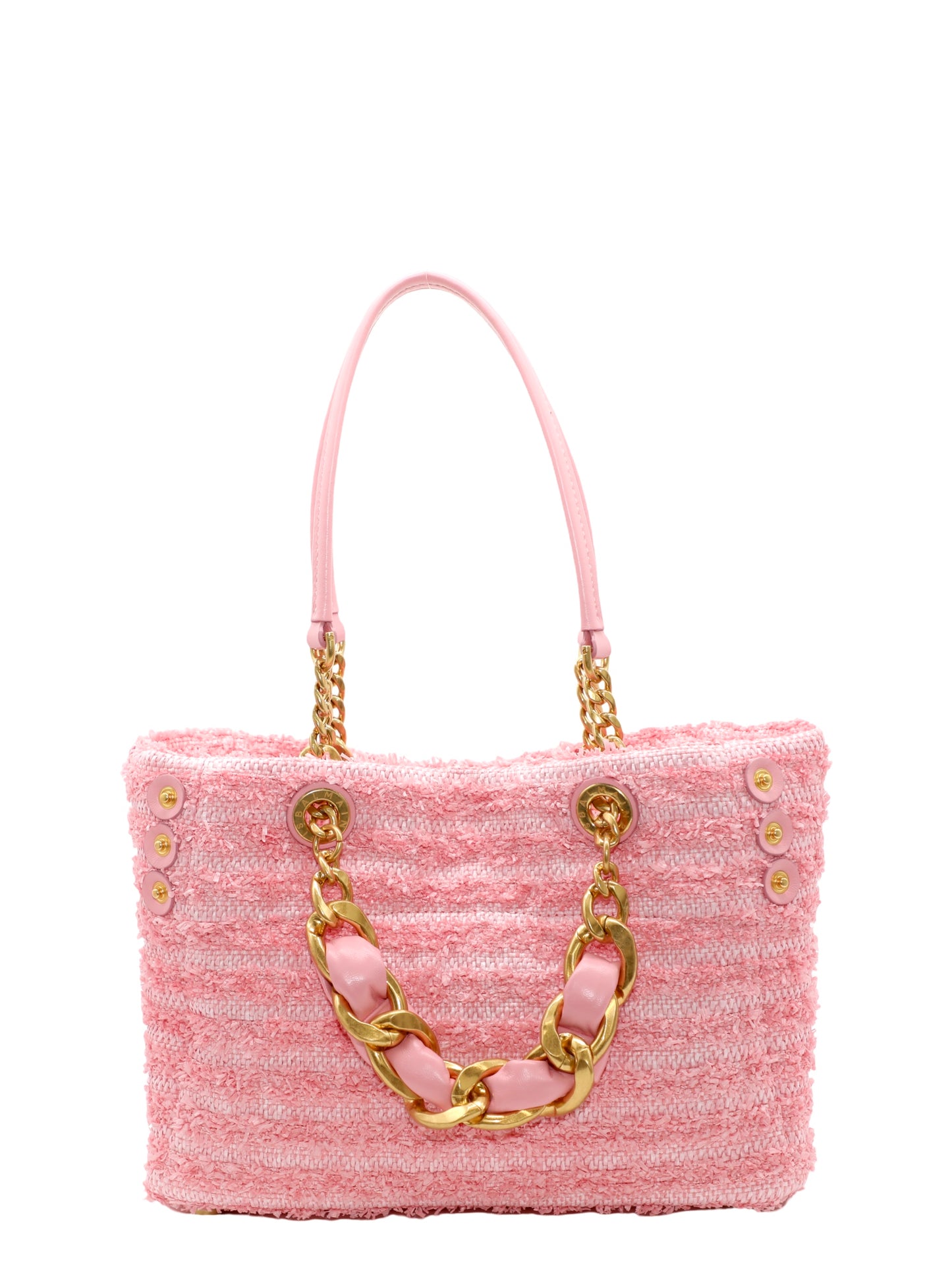 Balmain 1945 Soft Cabas Small-Raphia Tweed in Rose Bonbon