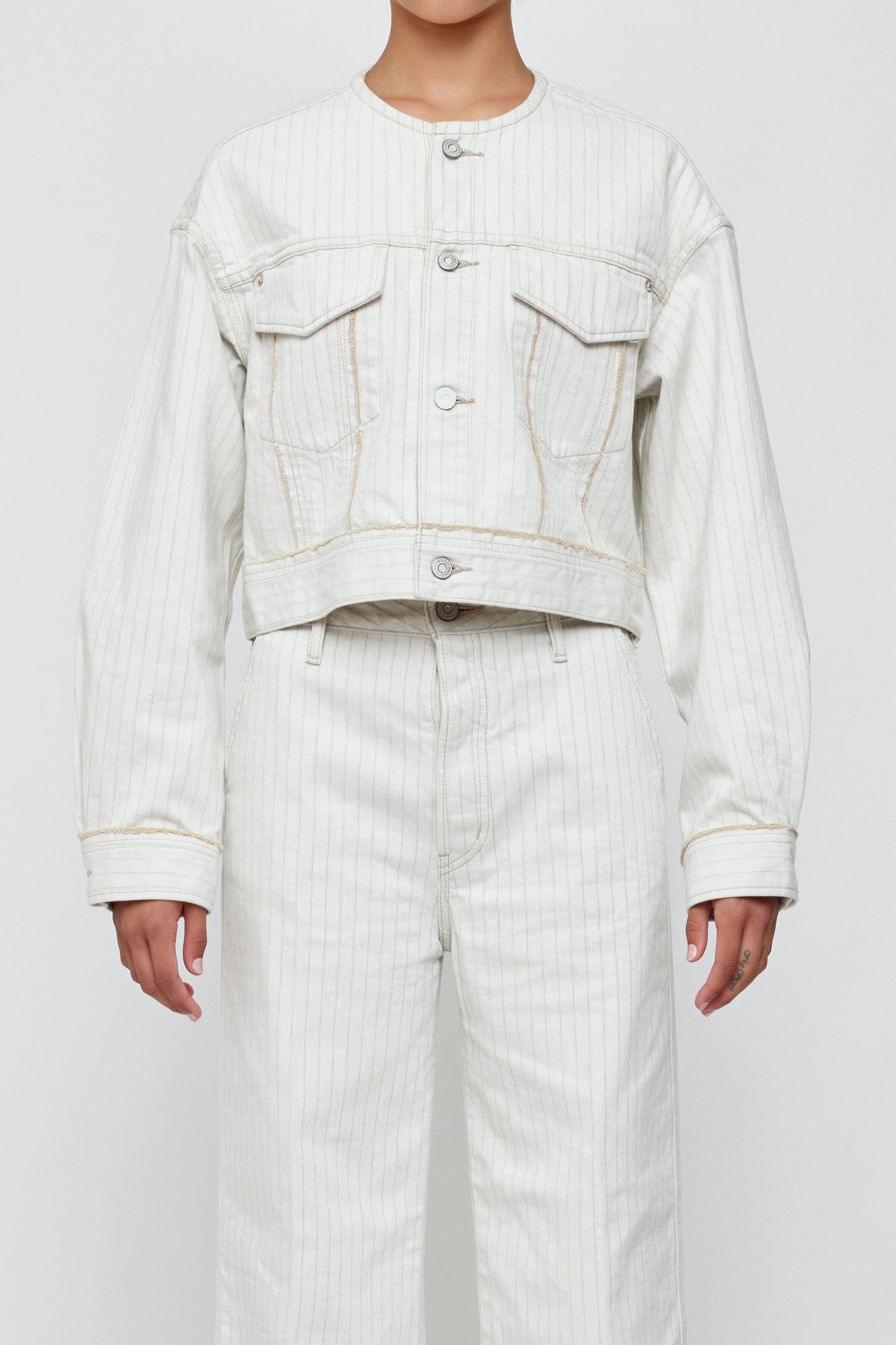Moussy Vintage Fords No Collar Cropped Jacket in Mix-White