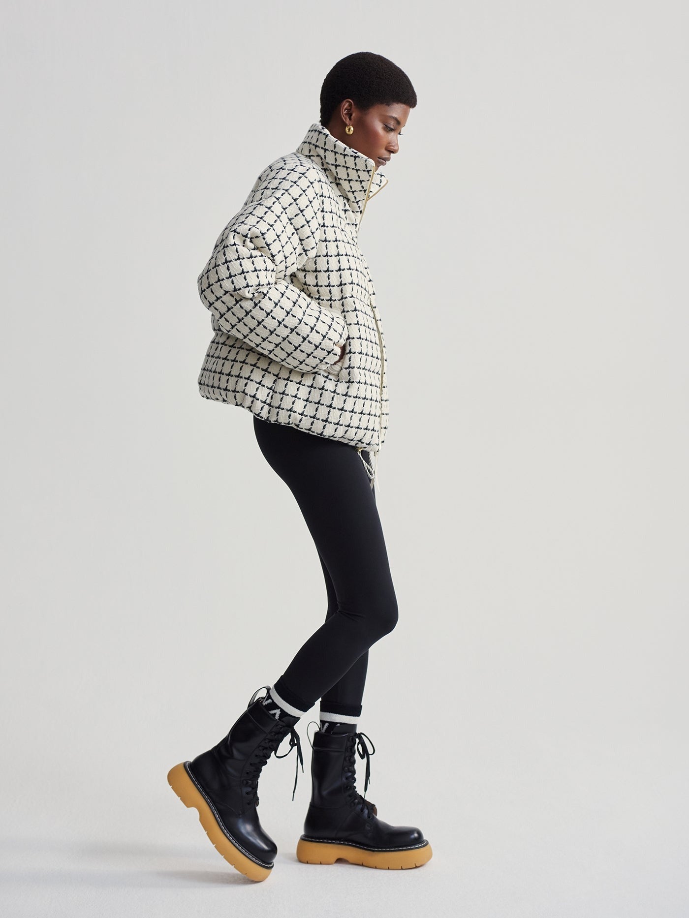 Varley Eugene Check Short Puffer in Egret Mono Check