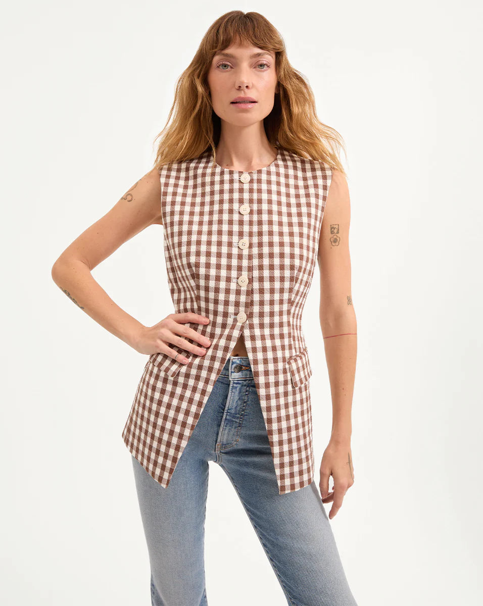 Veronica Beard Lois Gingham Seersucker Vest in Light Chicory/Dove
