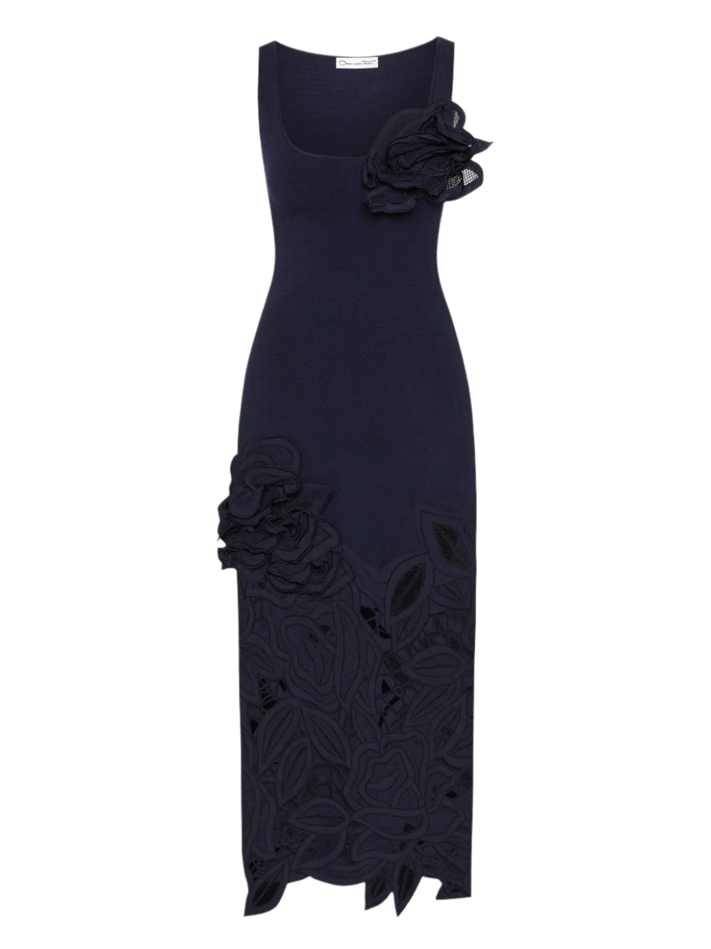 Oscar de la Renta Rose Guipure Long Knit Dress in Navy