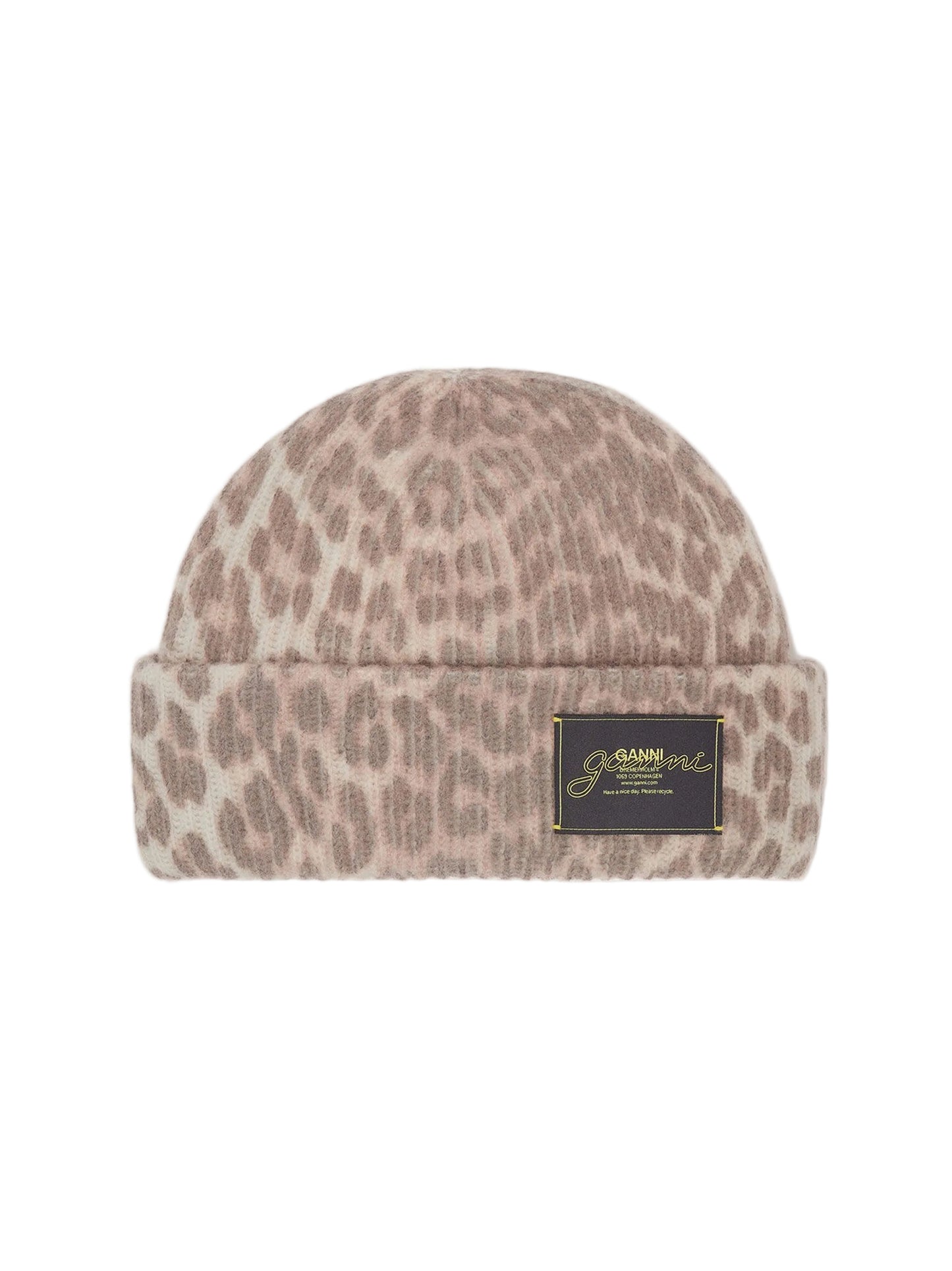 Ganni Oversized Wool Rib Knit Beanie in Leopard