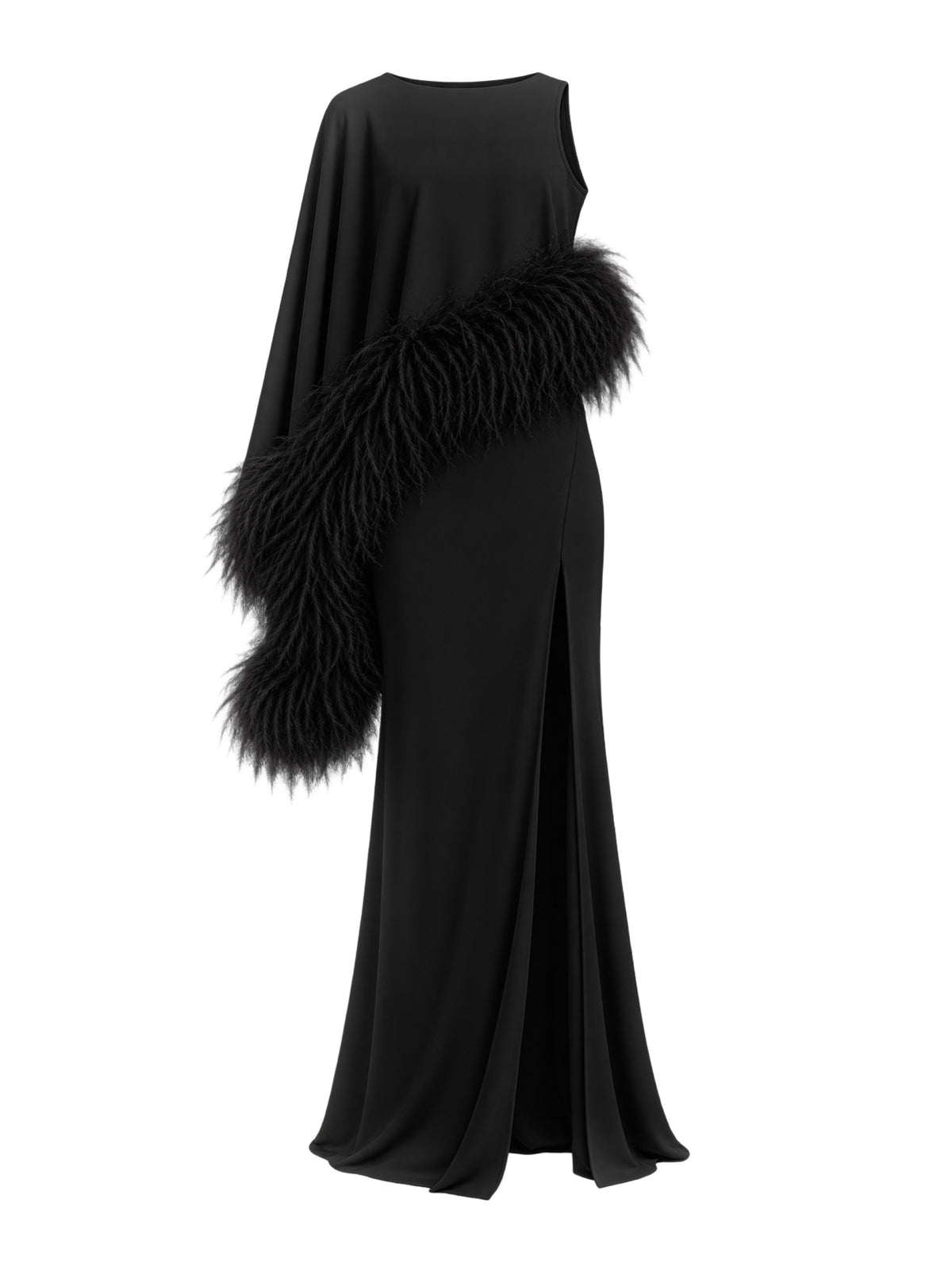 Georgette Asymmetric Draped Gown w/Feathers