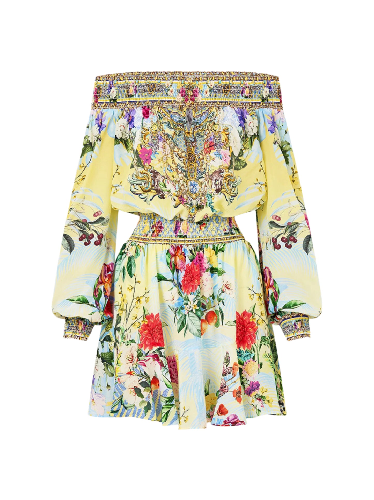 Camilla Off Shoulder Short Dress in Flor Fantástica