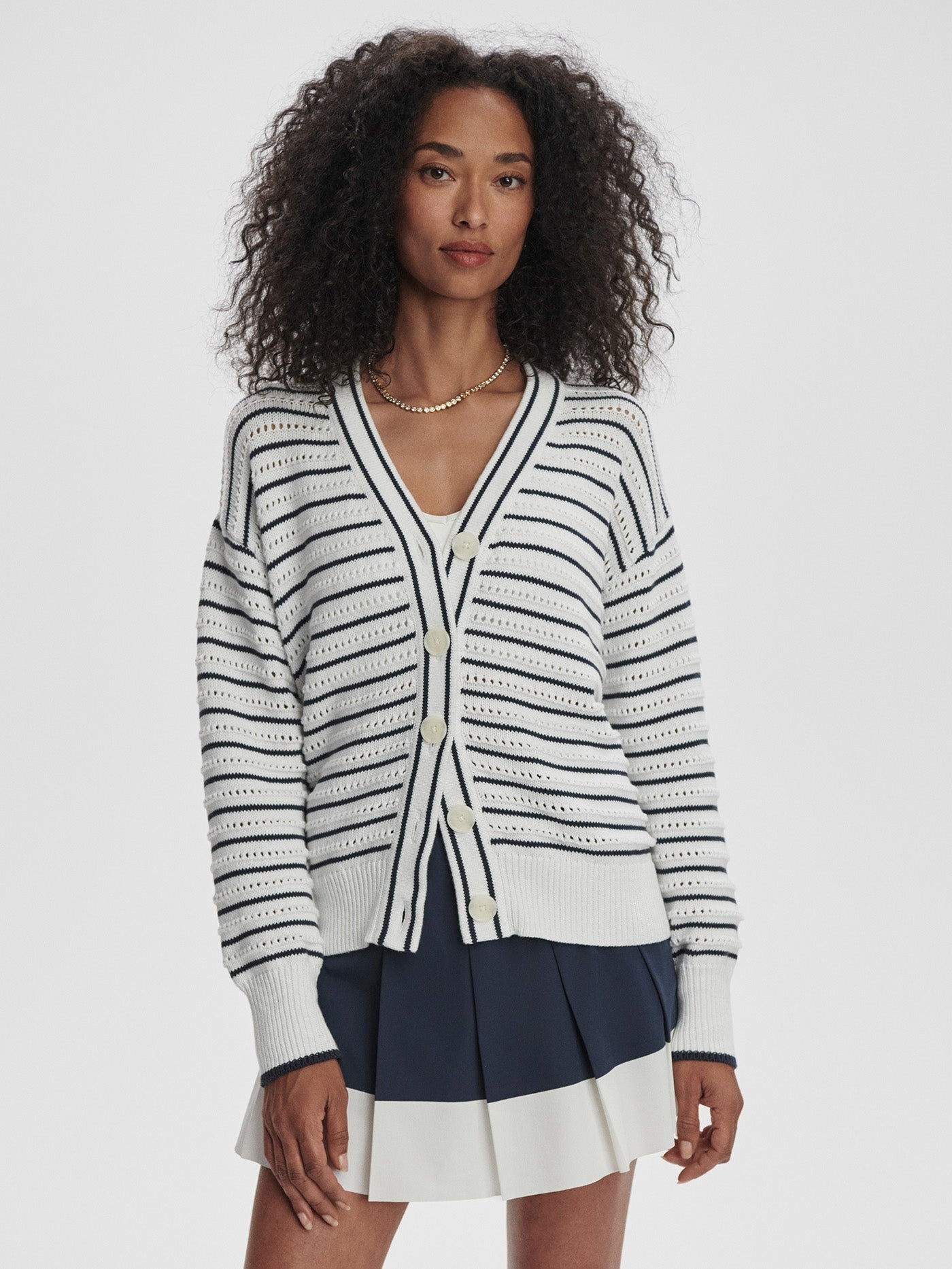 Varley Antonia Relaxed Cardigan in White/Blue Nights