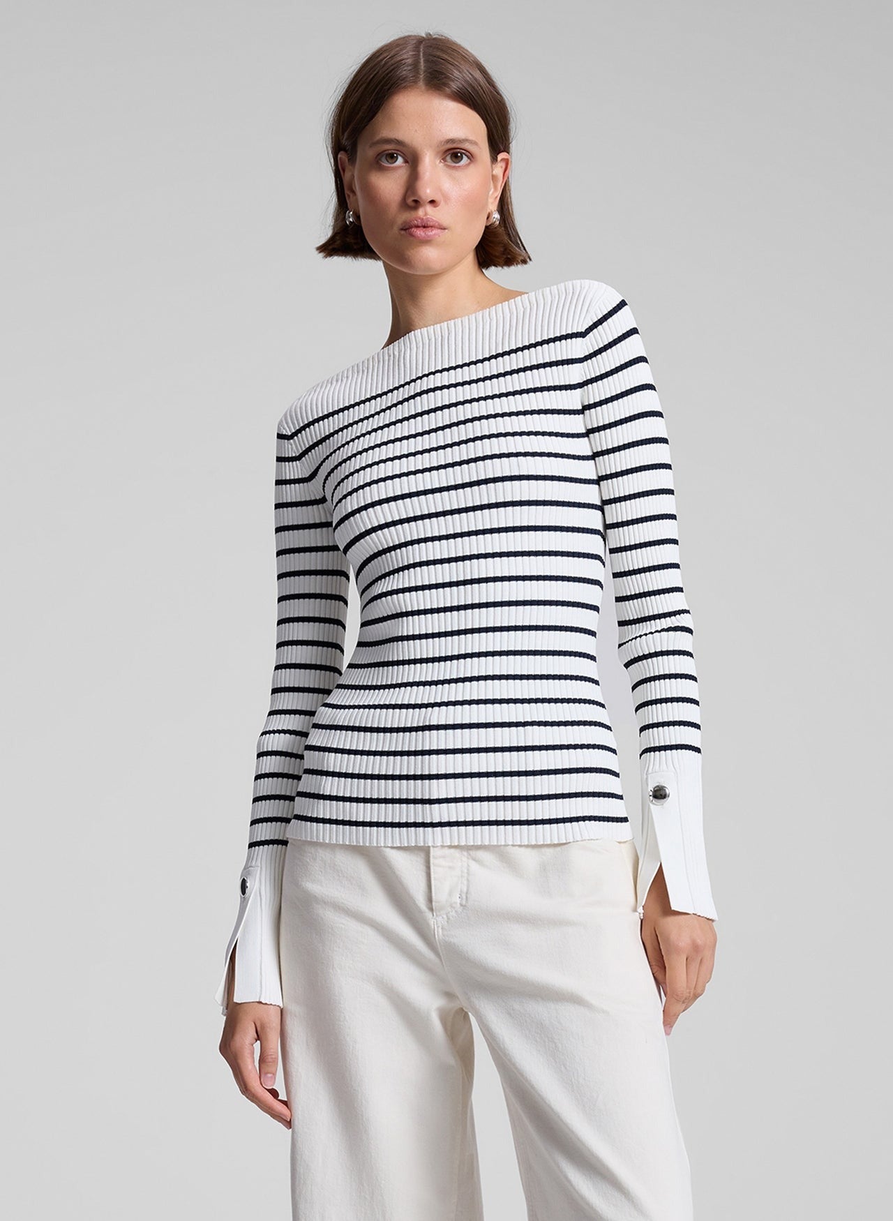 A.L.C. Anya Striped Knit Top in Off White/Dark Sapphire