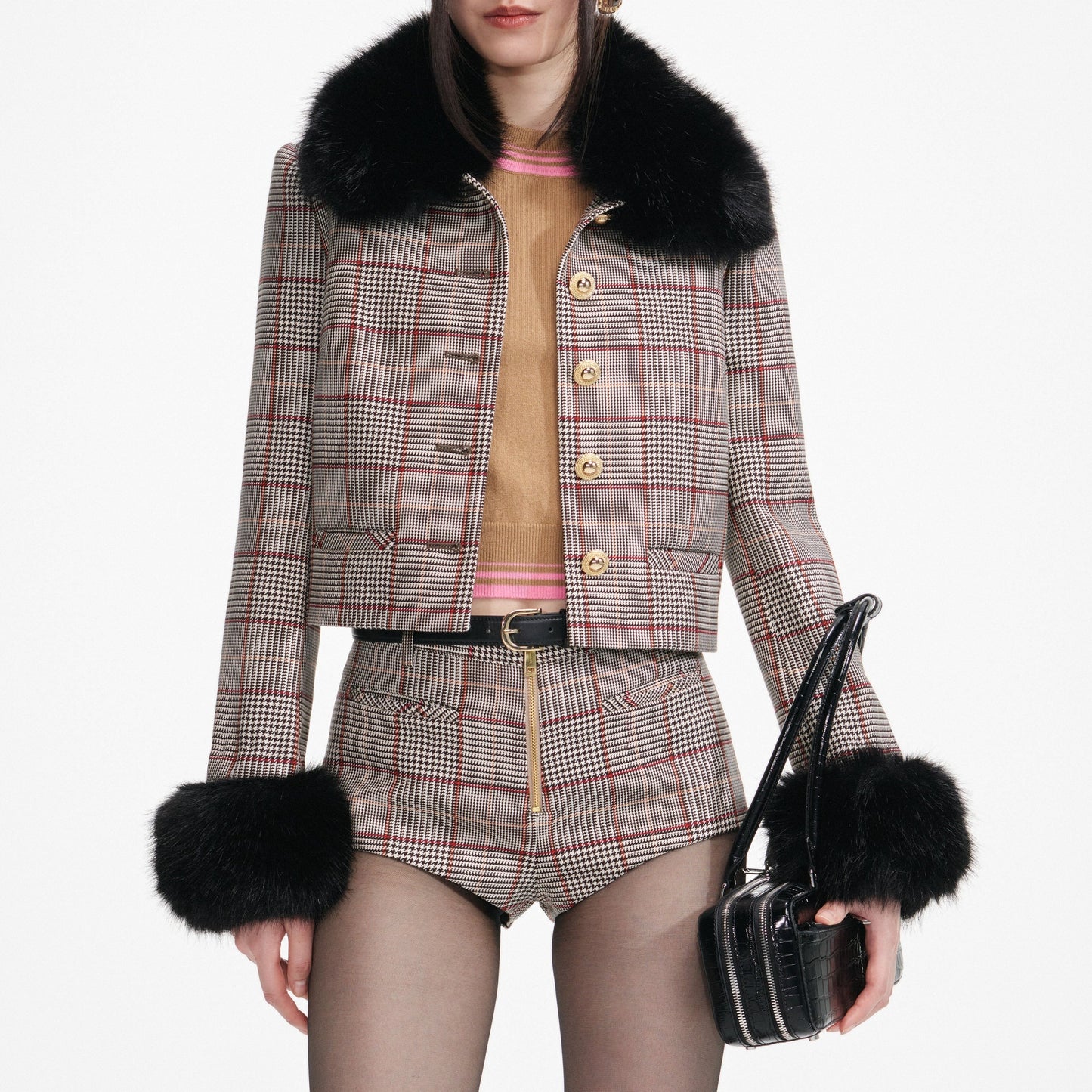 Self-Portrait Brown Check Fur Cuff Jacket