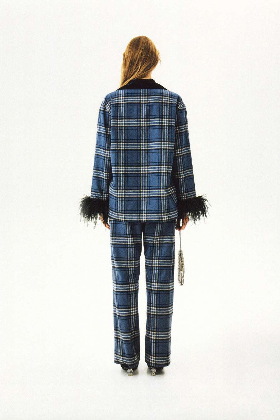 Sleeper Checked Cotton-Flannel Set With Detachable Feathers in Navy Checkered