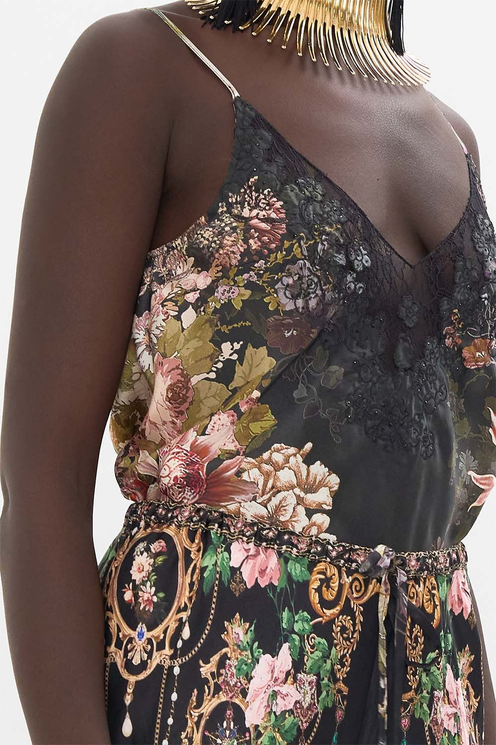 Camilla V-Neck Bias Cami with Lace and Embroidery in Dynasty Daze