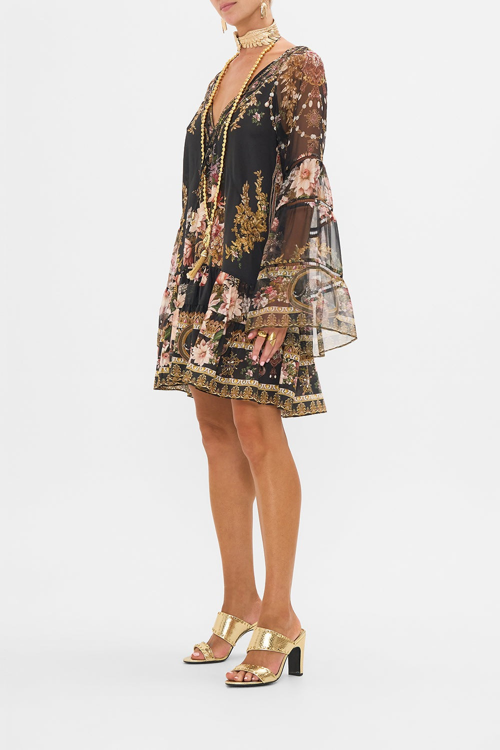 Camilla A-Line Gathered Panel Dress With Lace Trims in Dynasty Daze