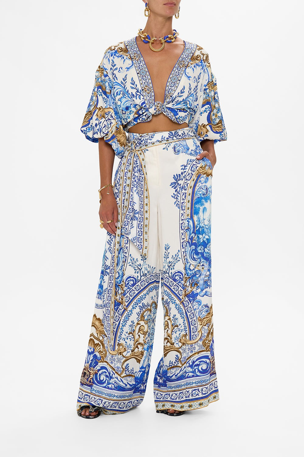Camilla Scarf Belt Wide Leg Pant in Azul Adventures