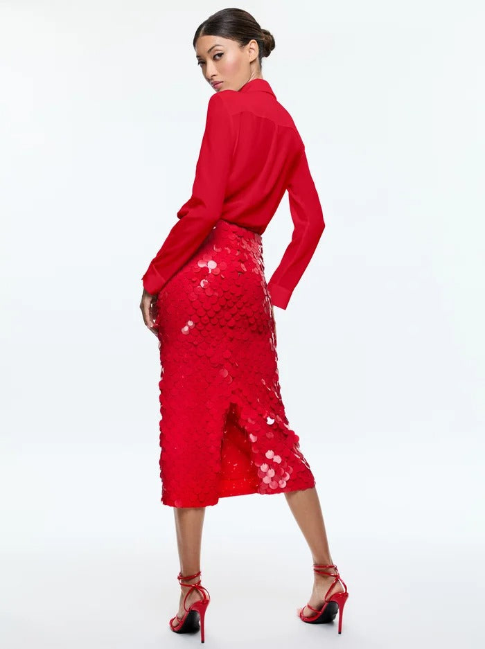 Alice + Olivia Fifi Embellished Midi Skirt in Bright Ruby