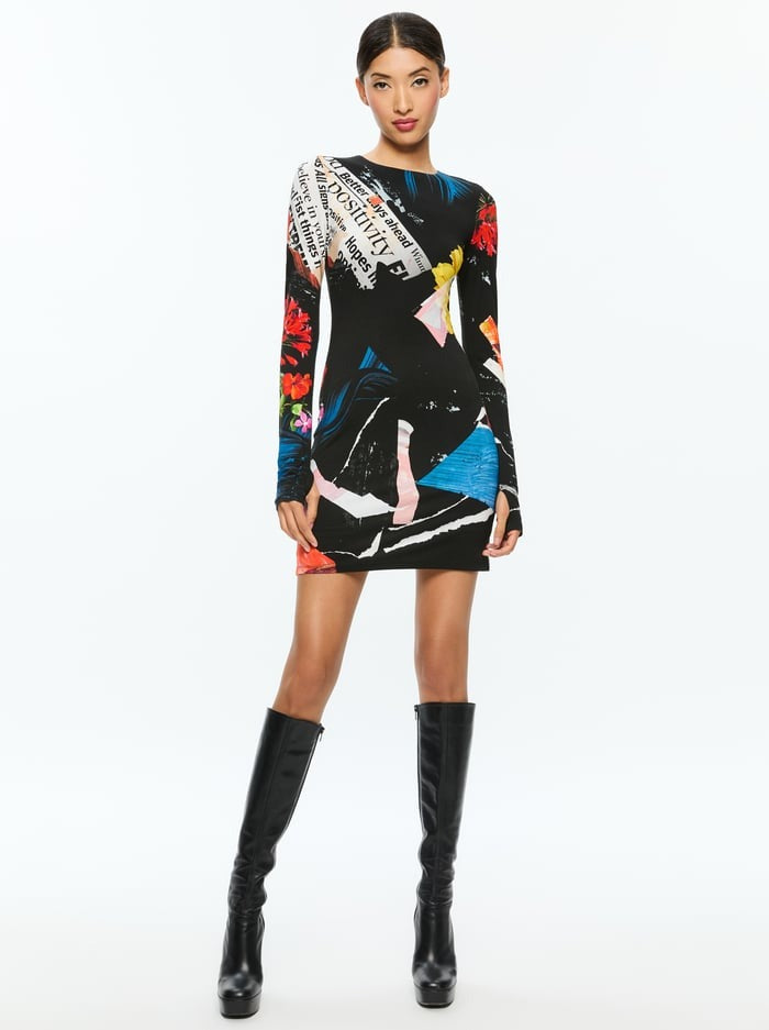 Alice + Olivia Delora Crew Neck Long-Sleeve Mini Dress in Azalea Floral