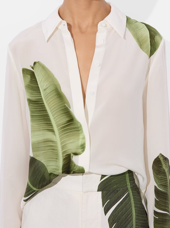 Alice + Olivia Willa Silk Blouse in Jungle Palm/Off White