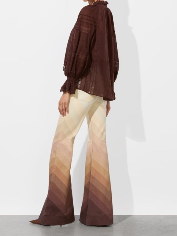 Alice + Olivia Josephine Split Neck Ruffle Sleeve Blouse in Mocha