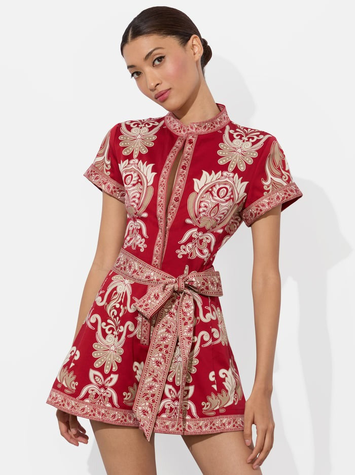Alice + Olivia Lucy Button Down Romper in Serenade Dark Cherry