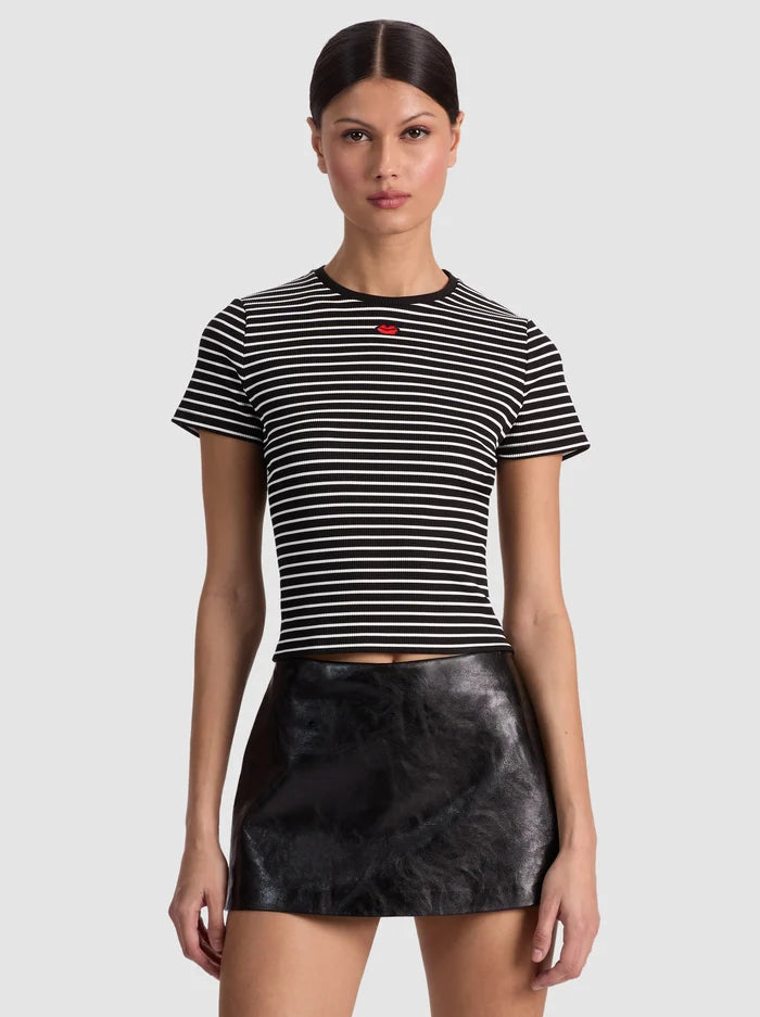 Alice + Olivia Cindy Cropped Tee in Black/White Stripe