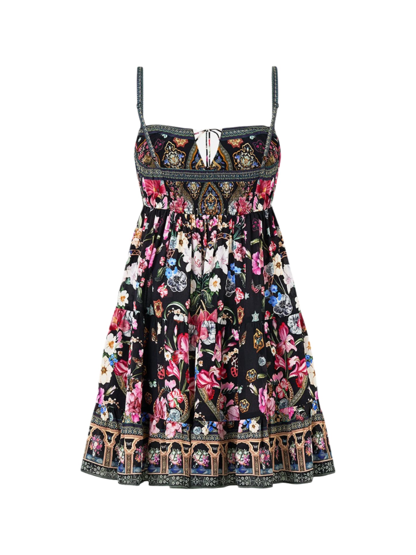 Camilla Gathered Bust Tiered Mini Dress in Midnight in Monserrate
