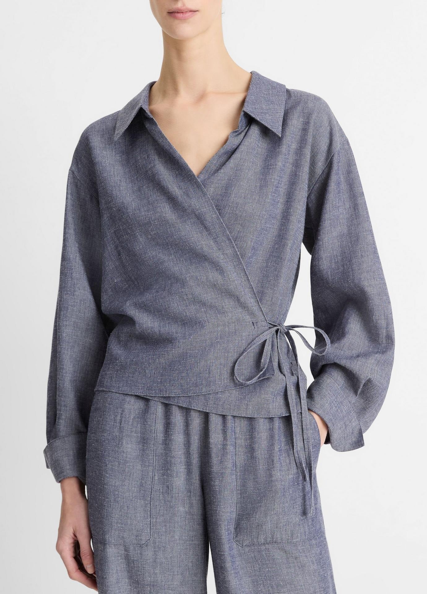 Vince Collared Wrap Top in Mid Indigo