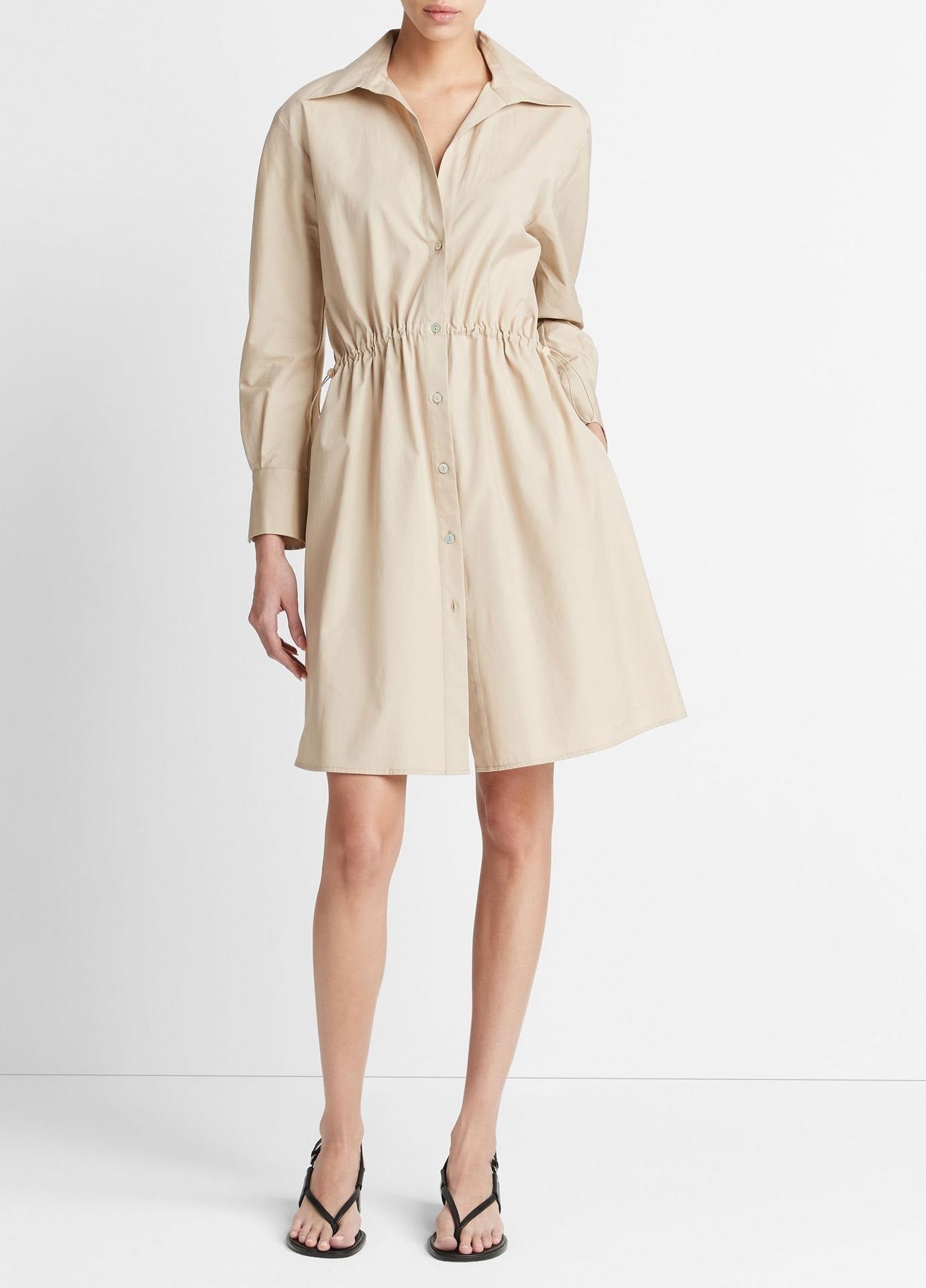 Vince Drawcord Ruched Shirt Dress in White Oak