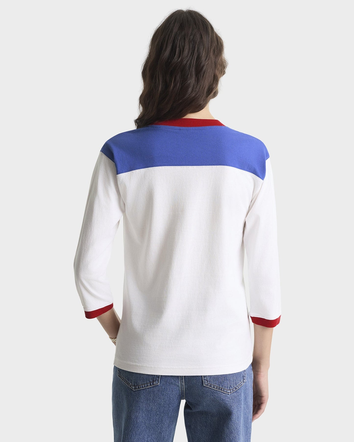 Sporty & Rich Wellness 94 Long Football Tee in White/Ruby/Team Blue