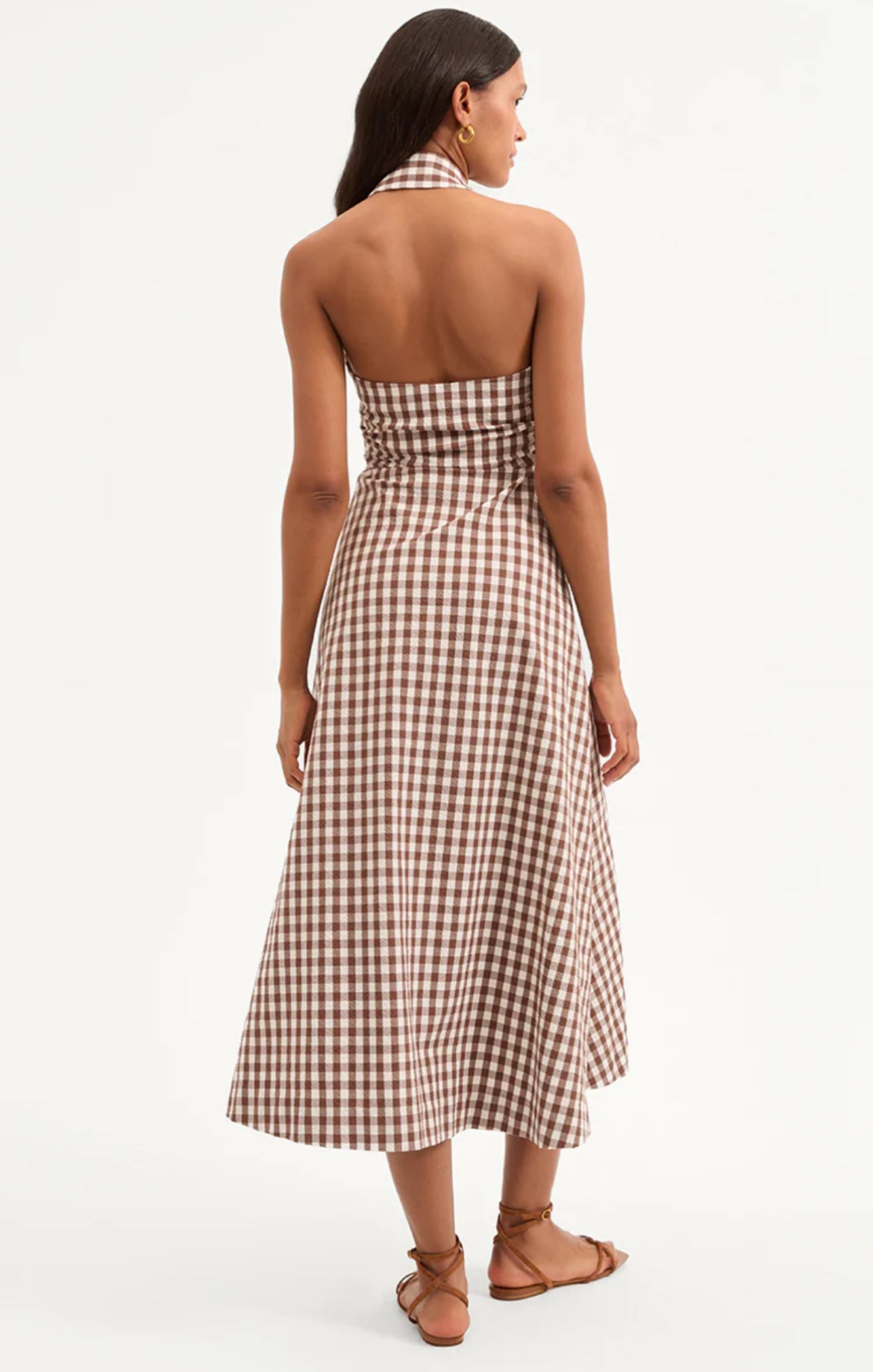 Veronica Beard Mackey Gingham Seersucker Halter Dress in Light Chicory/Dove