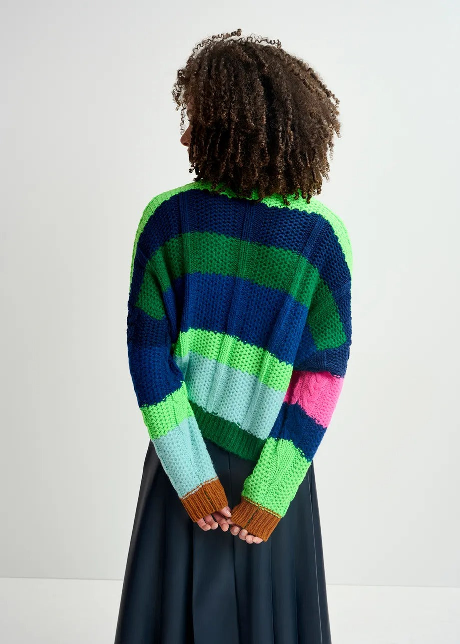 Essentiel Antwerp Girlcrush Patchwork Knit Pull in Green / Navy blue / Neon pink