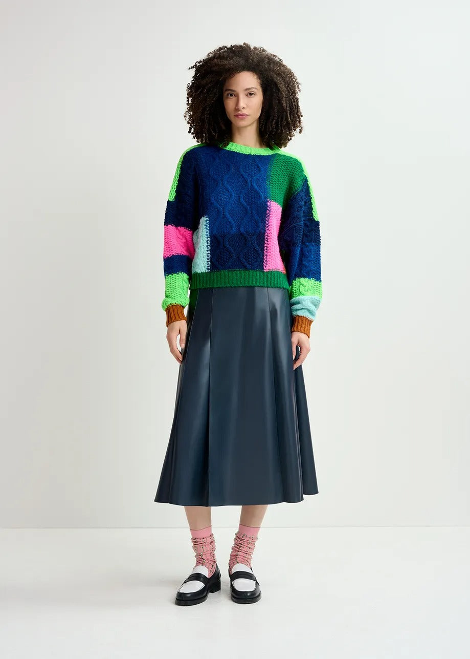 Essentiel Antwerp Girlcrush Patchwork Knit Pull in Green / Navy blue / Neon pink