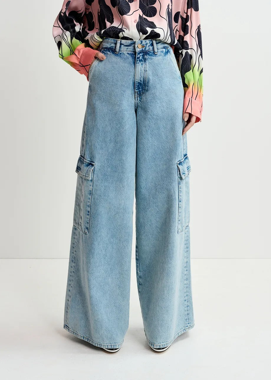 Essentiel Antwerp Gnome Flared Cargo Jeans in Another Blue